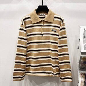 Miu Miu Beige and White Striped Polo Shirt